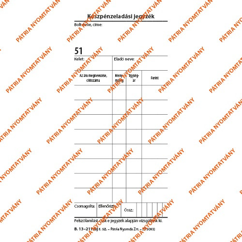 Készpénzeladási jegyzék 50x2 lapos tömb 70x140 mm